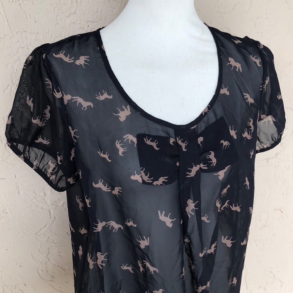 Lavish maternity top blouse horse print black & tan size XL short sleeve